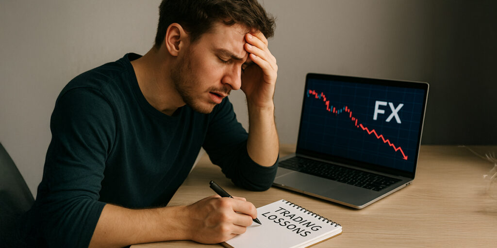 初心者トレーダーの後悔 為替チャートの誤操作 感情的なトレード判断 FXの失敗を振り返る人物 教訓ノートと反省の様子