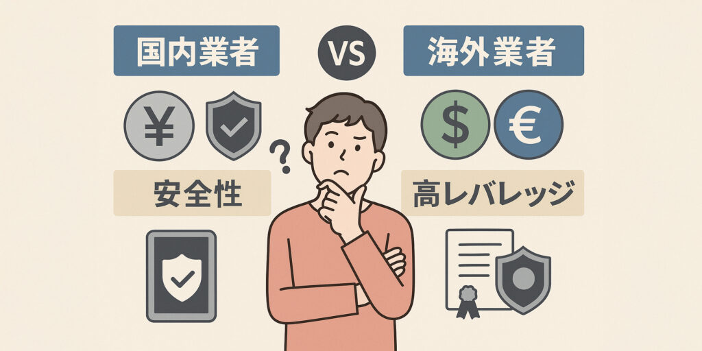 国内FX業者と海外FX業者の比較表 安全性 vs 高レバレッジ 日本円と外国通貨（USD、EURなど）のシンボル 規制・ライセンスのイメージ（盾・証明書のアイコンなど） 迷う初心者トレーダー（選択肢に悩む様子）