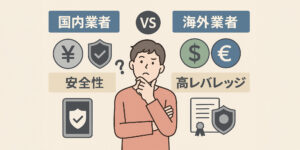 国内FX業者と海外FX業者の比較表 安全性 vs 高レバレッジ 日本円と外国通貨（USD、EURなど）のシンボル 規制・ライセンスのイメージ（盾・証明書のアイコンなど） 迷う初心者トレーダー（選択肢に悩む様子）