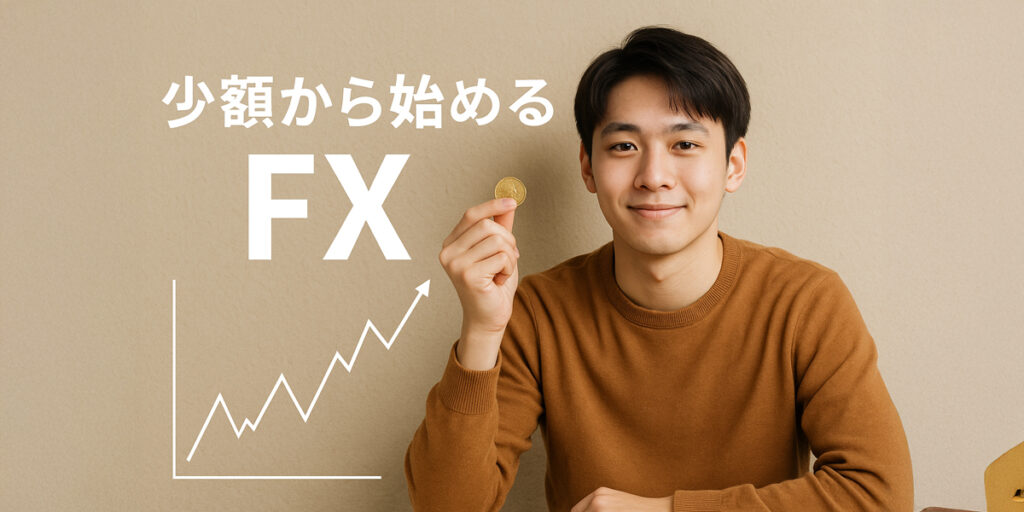 少額投資スタート FX初心者 コインを持つ若者 シンプルな為替チャート 節約しながら投資を学ぶ雰囲気
