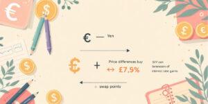 スプレッド（通貨ペアの買値と売値の差を表すイメージ） スワップポイント（金利差収益の概念を示す） 通貨アイコン（円・ドル・ユーロなどのシンボル） 初心者向け解説風の図解（親しみやすく、やさしい雰囲気） FX取引画面風のUIパーツ（チャートや数値のサンプル）