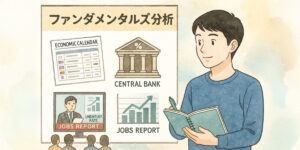 ファンダメンタルズ分析 経済カレンダー 中央銀行と金利 雇用統計発表シーン 初心者向けFX学習 水彩画風