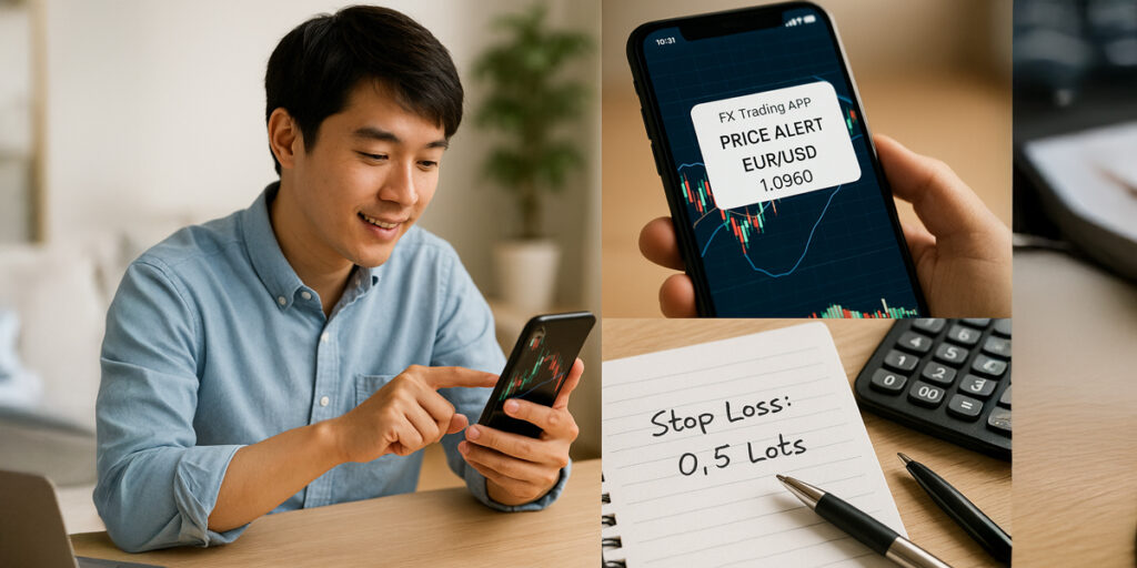 スマホでFX取引アプリを操作する初心者トレーダー 明るくシンプルなチャート画面（ローソク足・移動平均線・ボリンジャーバンド） アラート通知が表示されたスマートフォン画面 損切りやロット計算をしているメモや電卓 デモ口座で練習中の安心した雰囲気のトレードシーン