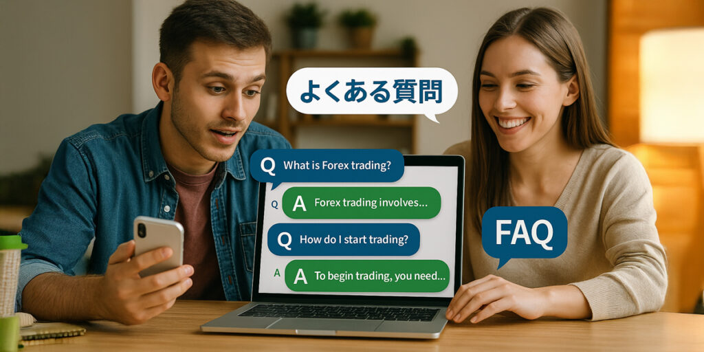 初心者トレーダーが質問しているイメージ チャット形式でFXに関するQ&Aが表示されている画面 ノートPCやスマホを使って学習している様子 「FAQ」や「よくある質問」と書かれた吹き出しアイコン 笑顔で納得している若い男女トレーダーのシーン