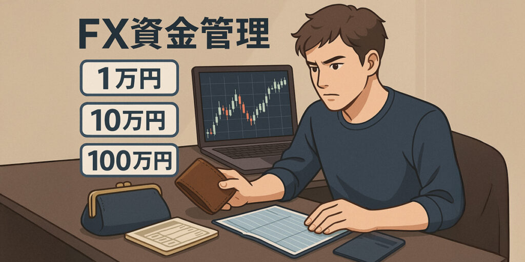 FX資金管理 少額投資スタート 資金別の運用イメージ（1万円・10万円・100万円） 為替チャートと財布・通帳の組み合わせ 真剣な表情の初心者トレーダー
