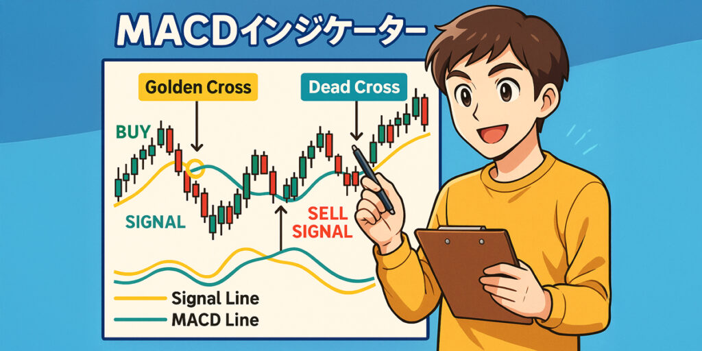 MACDインジケーター ゴールデンクロスとデッドクロス 売買シグナルの視覚化 チャート分析を学ぶ初心者トレーダー 明るく前向きな学習の雰囲気
