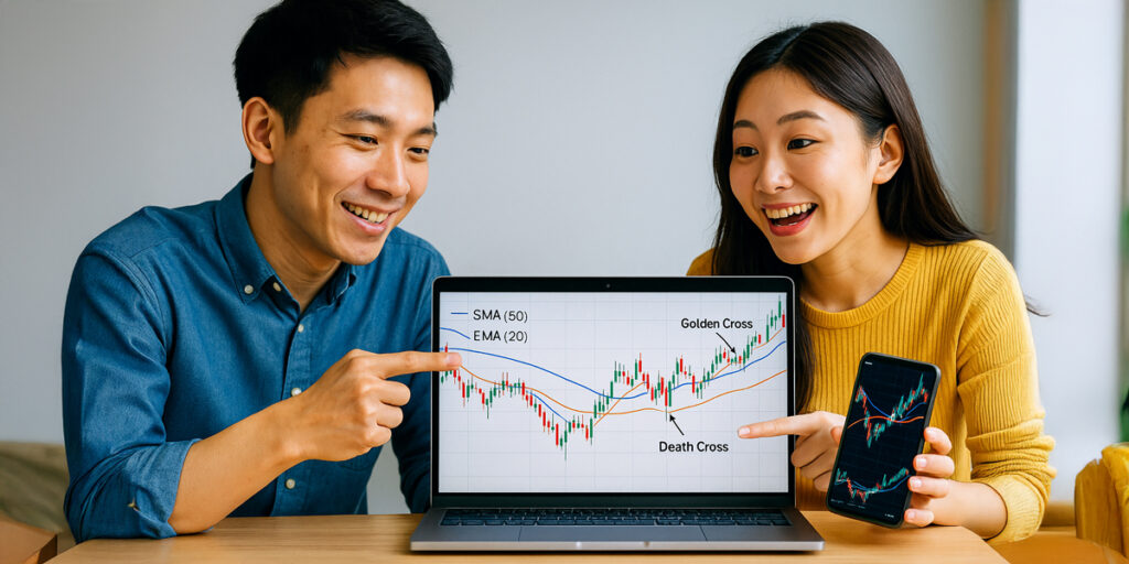 移動平均線（SMA・EMA）チャート 初心者トレーダーがチャートを見て学習している様子 クロス（ゴールデンクロス・デッドクロス）の瞬間を示すチャート スマートフォンやPC画面で分析する若い男女 分析を楽しむ明るく前向きなFX学習イメージ
