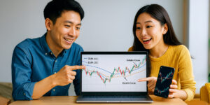 移動平均線（SMA・EMA）チャート 初心者トレーダーがチャートを見て学習している様子 クロス（ゴールデンクロス・デッドクロス）の瞬間を示すチャート スマートフォンやPC画面で分析する若い男女 分析を楽しむ明るく前向きなFX学習イメージ