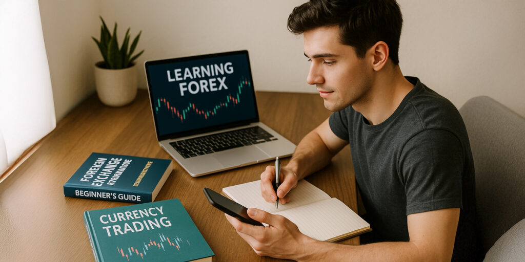 FXの学習をする若者 スマホやパソコンで勉強する様子 チャートや為替の本が並んだデスク 情報収集する初心者トレーダー ノートを取りながら学習する雰囲気