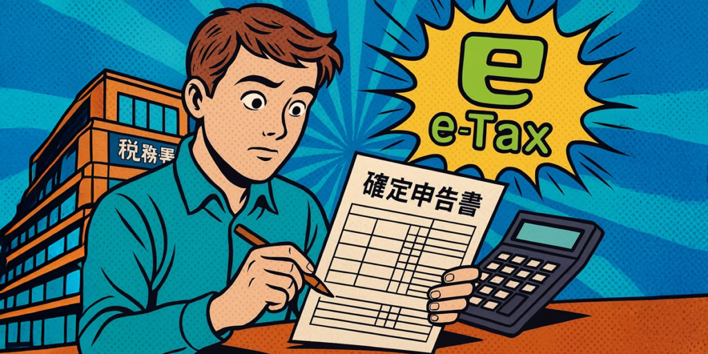 確定申告の書類 電卓と書類で計算する初心者 税務署やe-Taxをイメージした背景 アメコミ風