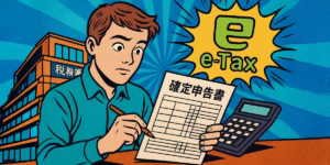 確定申告の書類 電卓と書類で計算する初心者 税務署やe-Taxをイメージした背景 アメコミ風