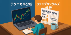 テクニカル分析 ファンダメンタルズ分析 為替チャート（ローソク足とインジケーター） 経済指標とニュースヘッドライン 初心者向けFX学習シーン 3D風
