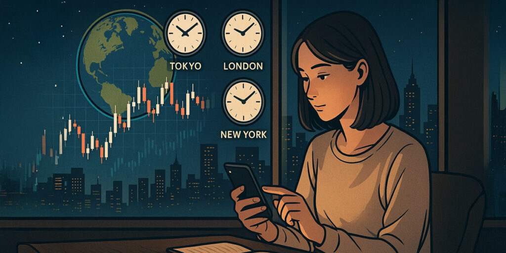 24時間稼働する地球と為替チャート 昼夜問わず取引するトレーダー 世界の市場（東京・ロンドン・ニューヨーク）を象徴する時計や都市 スマホで夜間トレードする若者 時間の自由と柔軟性を強調したライフスタイル風景