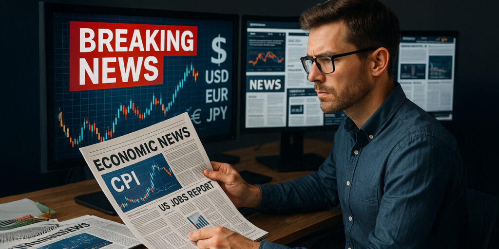 経済ニュースを読むトレーダー 為替チャートとニュース速報（ブレイキングニュース） 金融指標（米雇用統計、CPIなど）を象徴するグラフィック 世界の通貨（USD、EUR、JPY）とニュース紙面の融合 モニター画面に複数のニュースソースを表示し分析する様子